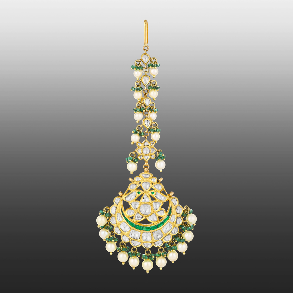 Polki Maangtikka with Green Enamel, Emeralds & Pearls